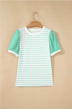 Green Striped Short Puff Sleeve Top