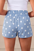 Sky Blue Polka Dot Print Shirred High Waist Casual Shorts