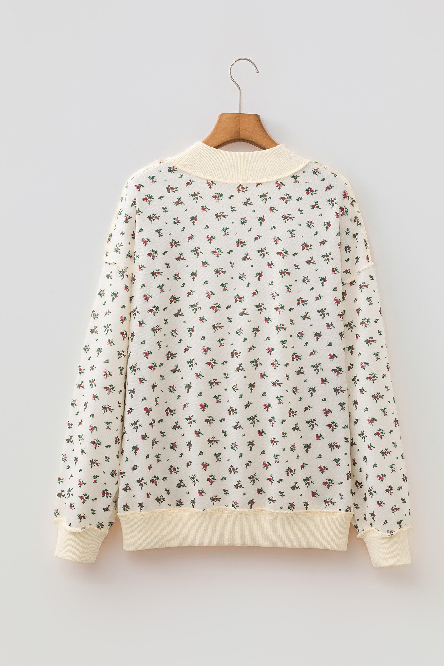 Beige Ribbed High Neck Patchwork Floral Print Baggy Pullover Sweatshirt