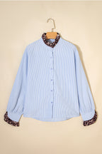 Sky Blue Stripe Ruffled Leopard Patchwork Long Sleeve Button Down Loose Shirt