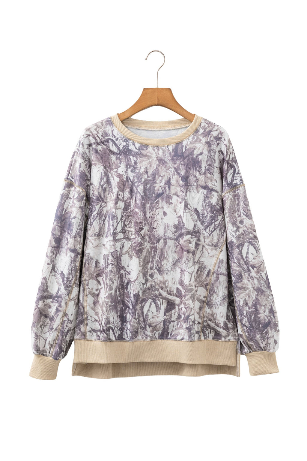 Khaki Abstract Camo Print Colorblock Trim Side Split Tunic Sweatshirt