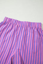 Sky Blue Stripe Elastic Waist Ruffle Trim Casual Shorts