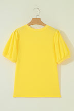 Bonbon Solid Color V Neck Short Puff Sleeve Blouse
