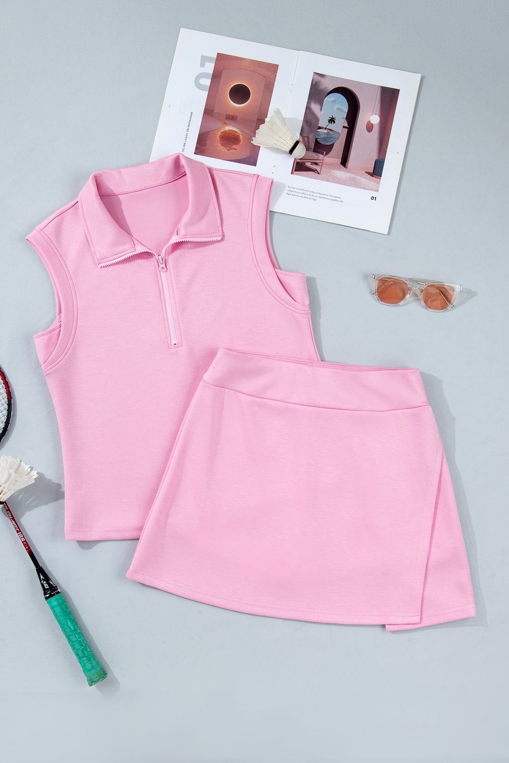Light Grey Solid Color Sleeveless Zipper Tank and Skort Set