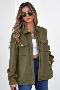 Blackish Green Solid Color Zip Up Button Flap Pocket Shirt Collar Jackets