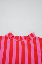 Red Stripe Half Button Puff Sleeve Loose Mini Dress