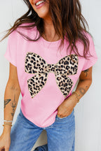 Black Leopard Bow Embroidered Cotton Round Neck T Shirt