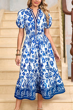 White Floral Puff Short Sleeve V Neck High Waist Maxi Dress