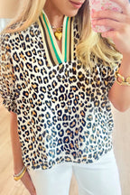 Sky Blue Leopard Color Block Contrast Striped V Neck Half Sleeve Loose Fit Blouse