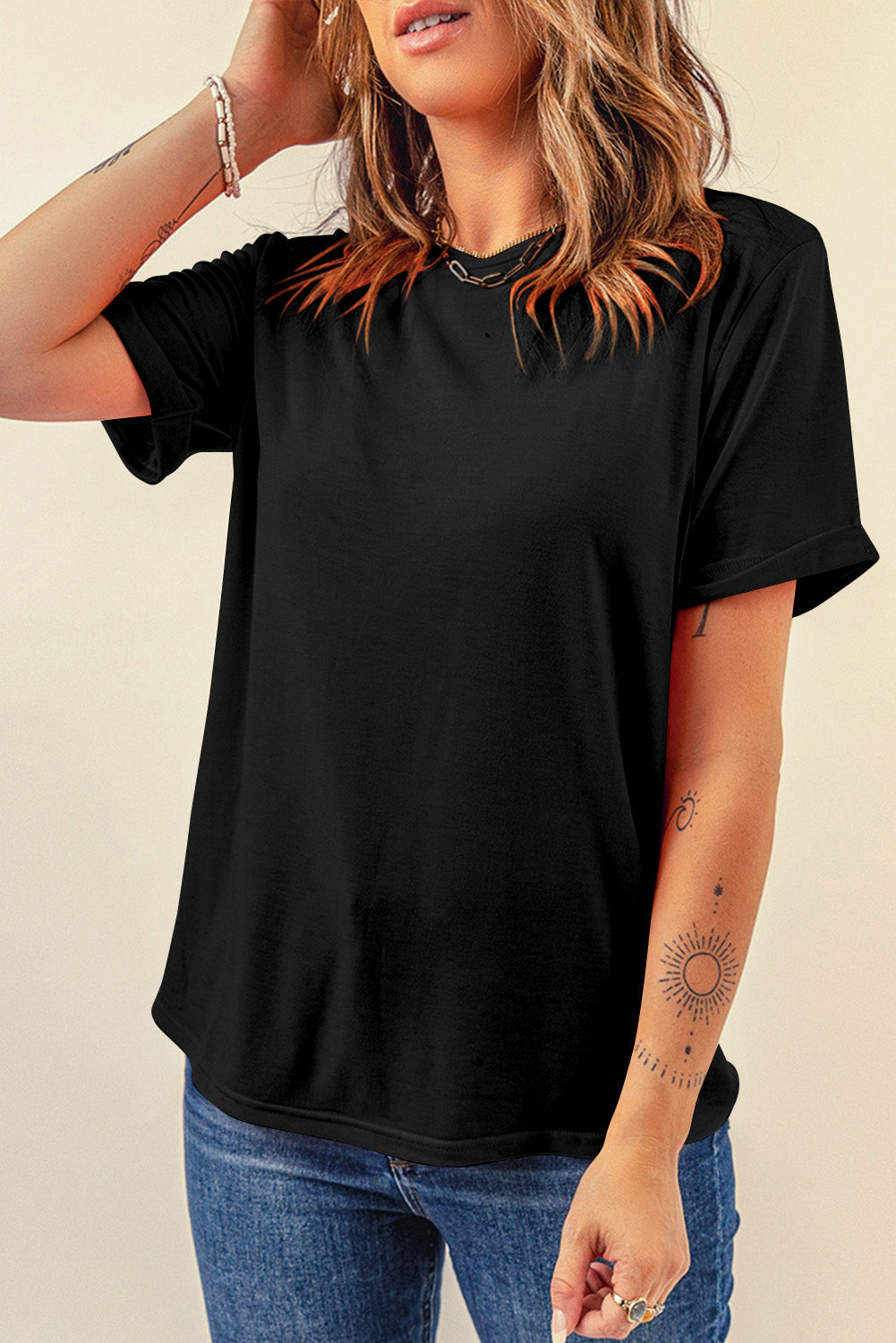 Orange Casual Plain Crew Neck Tee