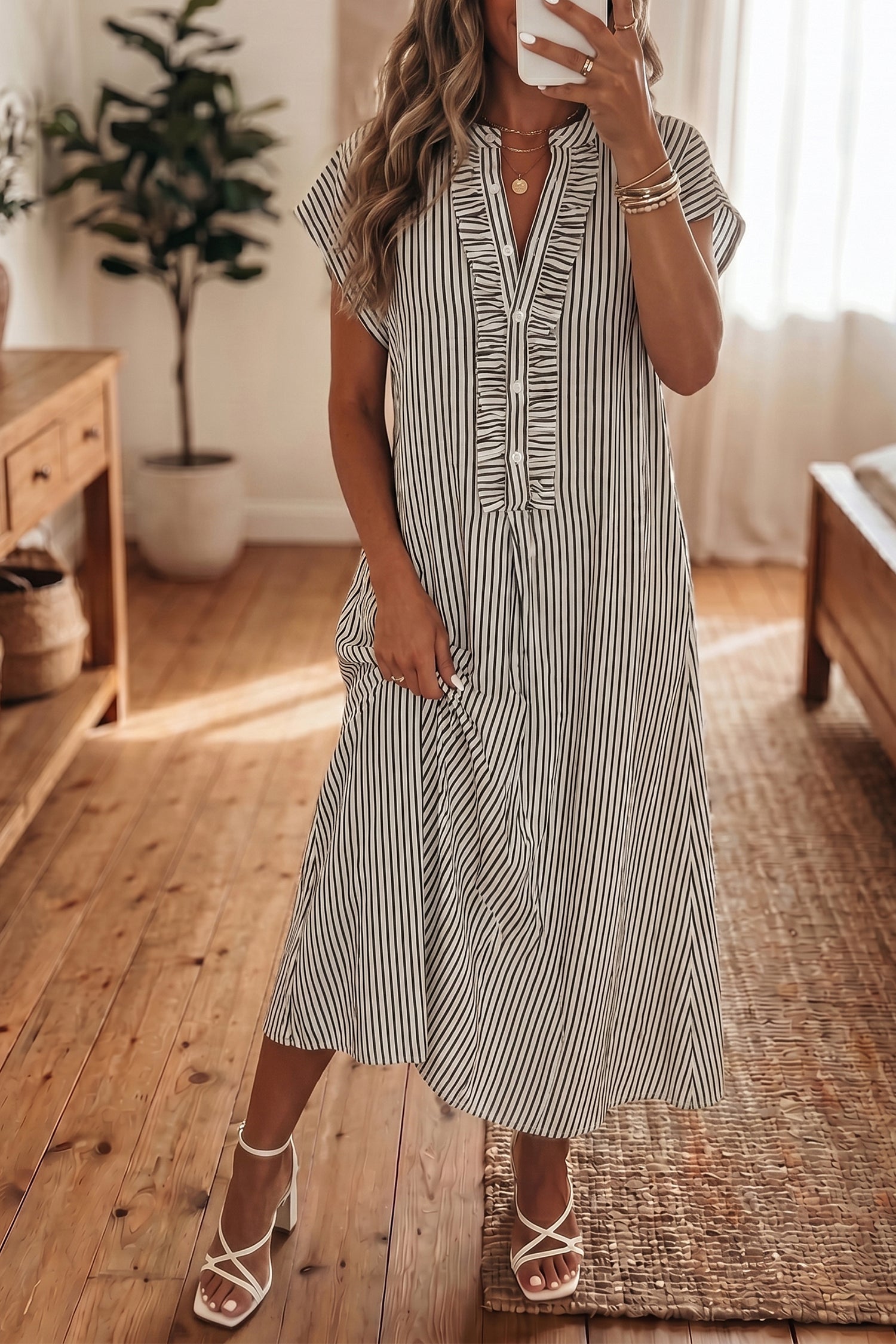 Black Stripe Frilled Detail Half Buttons Short Sleeve Long Dress