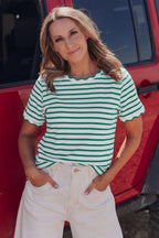 Black Stripe Scalloped Trim Round Neck T Shirt