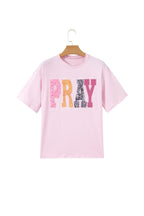 Pink PRAY Sequin Leopard Multiple Patched Graphic Tee