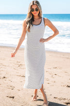 Black Stripe Criss Cross Side Slits Slim Fit Sleeveless Midi Dress