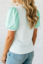 Green Striped Short Puff Sleeve Top