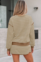 Brown Stripe Textured Drop Shoulder Pullover Top Drawstring Mini Skort Two Piece Dress Set