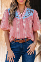 Brown Western Pony Embroidered Yoke Puff Sleeve Gingham Blouse