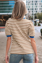 Brown Stripe Short Puff Sleeve Contrast Trim Round Neck Tee