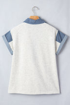 Carbon Grey Denim Color Block Patchwork Shirt Collar Short Sleeve Blouse