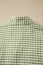 Green Plaid Short Sleeve Colorblock Trim Split Neck Blouse