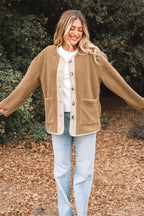 Light French Beige Puffy Plush Corduroy Edge Patchwork Jacket with Big Pockets