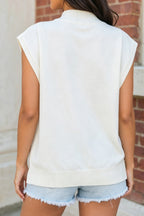 White Sequin Strawberry Graphic Mock Neck Short Sleeve Top