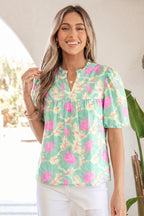 Yellow Short Bubble Sleeve Summer Floral Blouse
