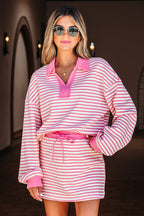 Green Stripe Collared V Neck Drop Shoulder Pullover and Skort 2pcs Outfit