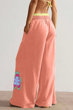 Grapefruit Orange Color Block Flower Patchwork Drawstring Contrasted Elastic Waist Wide Leg Pants