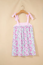 Sky Blue Floral Print Striped Patchwork Bow Knot Straps Mini Dress