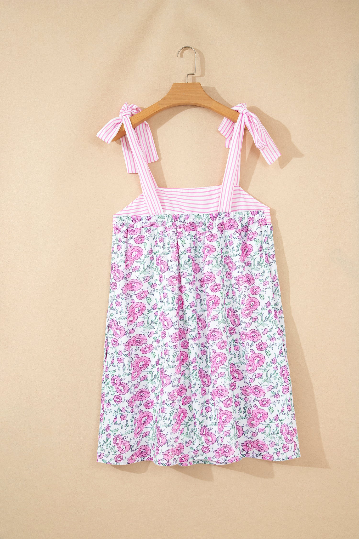 Sky Blue Floral Print Striped Patchwork Bow Knot Straps Mini Dress
