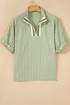 Green Plaid Short Sleeve Colorblock Trim Split Neck Blouse