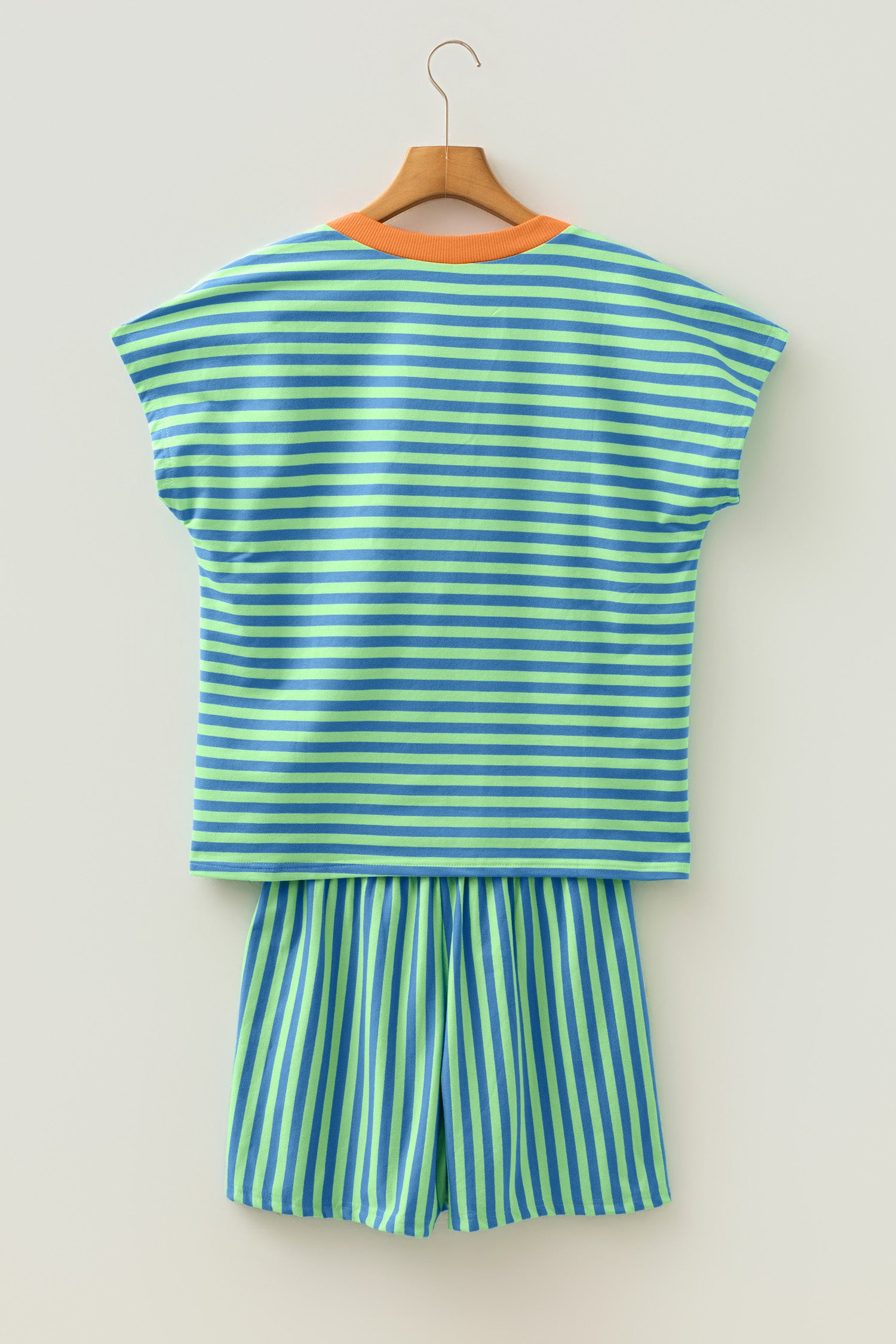 Yellow Stripe Colorblock Trim V Neck Tee Drawstring Elastic Waist Short Set