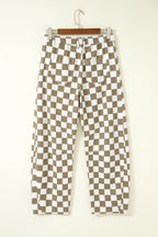 White Checkered Print Denim Barrel Pants