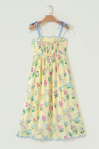 Beige Floral Print Contrast Trim Self-tie Straps High Waist Midi Dress