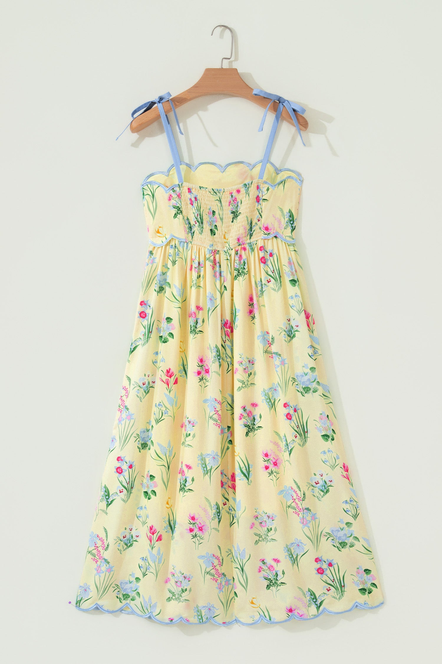 Beige Floral Print Contrast Trim Self-tie Straps High Waist Midi Dress