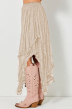 Beige Lace Cascading Tiered High Waist Maxi Skirt