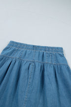 Sky Blue Half Buttons Pleated High Waist Denim Mini Skirt with Drawstring