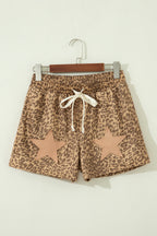Khaki Leopard Drawstring Elastic Waist Star Patched Shorts