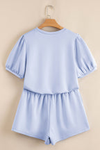 Beau Blue Puff Sleeve Pearl Embellished Scallop Trim Top 2 Piece Skort Set
