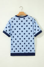 Blue Color Block Trim Polka Dot Casual Tee