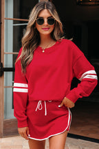 Orange Varsity Stripe Detail Drop Shoulder Pullover Mini Skort Set
