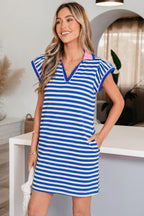 Green Stripe Print Contrast Collar Split Neck Flutter Sleeve Short Dress