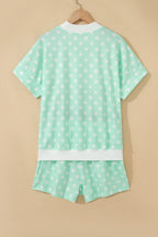 Green Polka Dot Print Color Block Trim Mock Neck Short Set