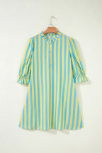 Red Stripe Half Button Puff Sleeve Loose Mini Dress