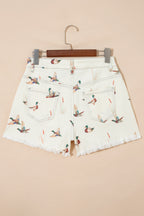 Beige Wild Duck Mallard High Waist Frayed Denim Shorts