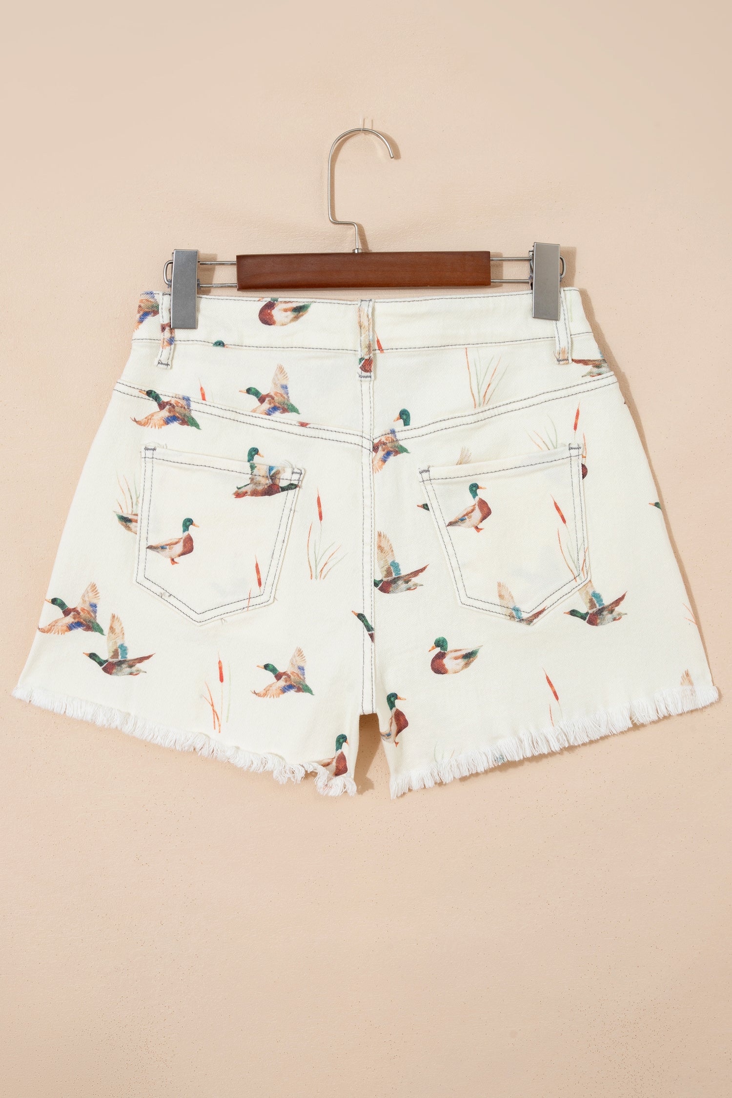 Beige Wild Duck Mallard High Waist Frayed Denim Shorts