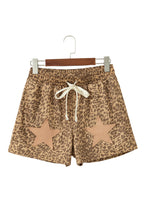 Khaki Leopard Drawstring Elastic Waist Star Patched Shorts