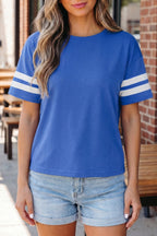 Dark Blue Varsity Striped Short Sleeve Crew Neck T Shirt
