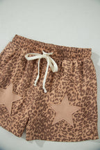 Khaki Leopard Drawstring Elastic Waist Star Patched Shorts